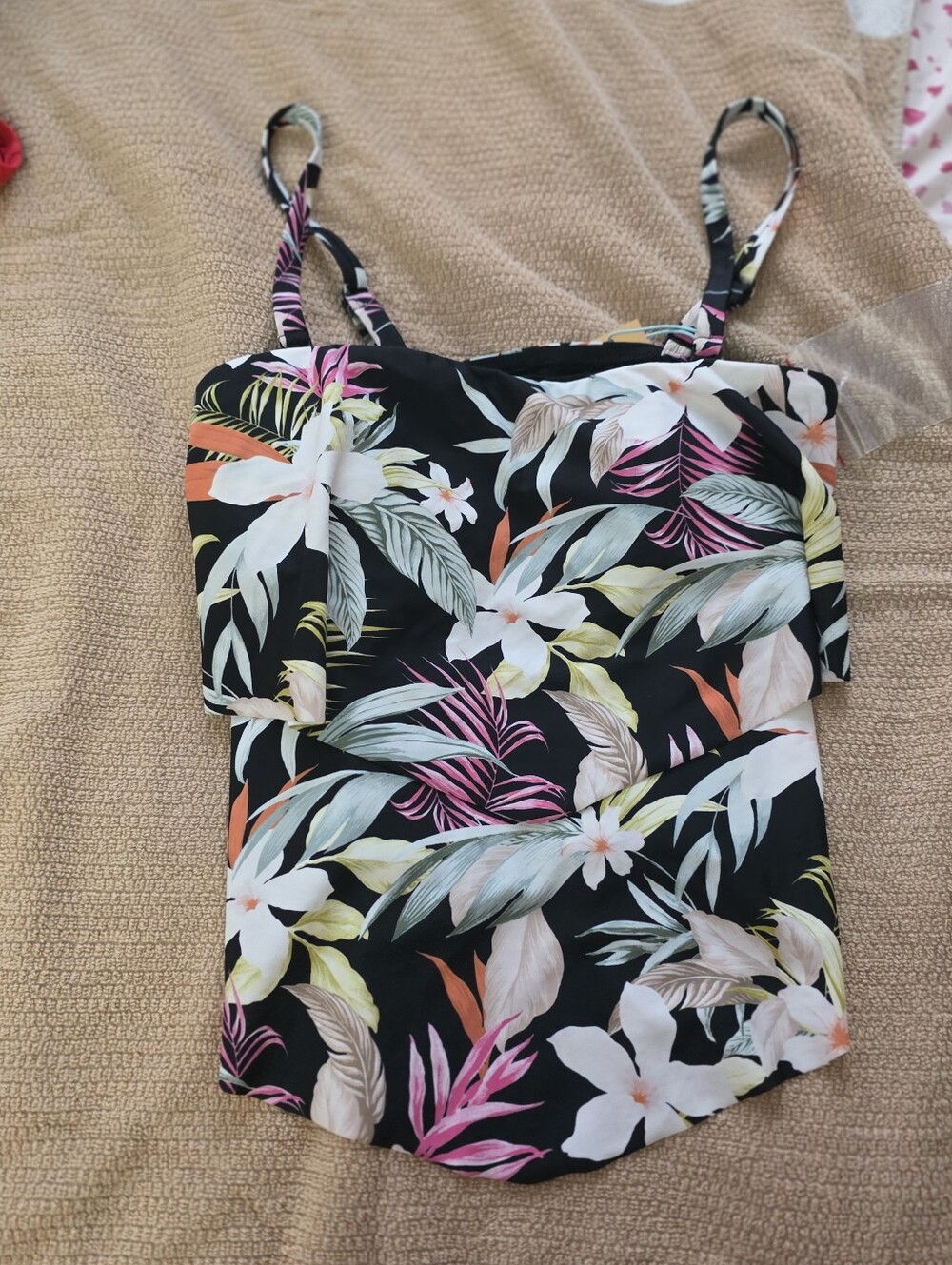 Kona Sol Black Floral Spaghetti-Strap Camisole with Pink & Green Leaves